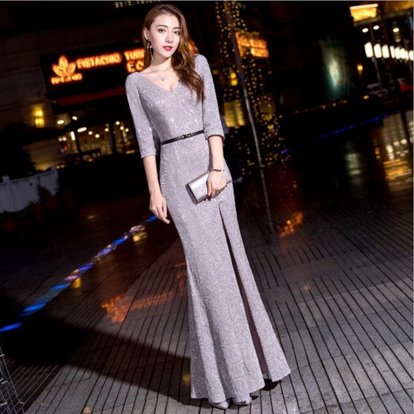 

deep v neck sequins noble evening dresses half sleeves fashion fishtail dress mermaid hem party dress vestido leg fork, White;black