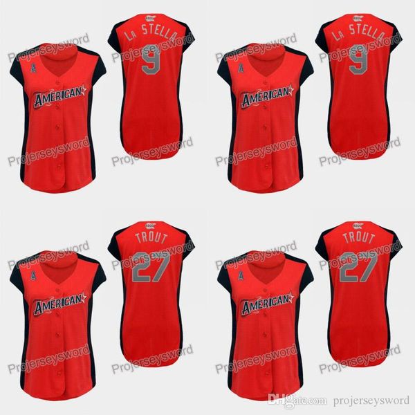 

Womens Los Angeles 27 Mike Trout American League Angels Jersey 9 Tommy La Stella Mike Trout 100% Stitched Allstar Baseball Jerseys Red
