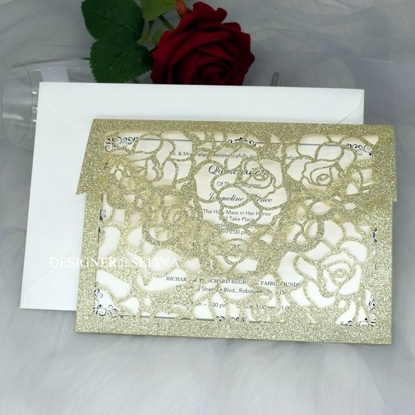 

cordially inviting - champagne gold glitter pocket wedding invitations full laser cut invitation for quinceanera anniversary greeting cards, Black