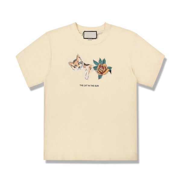 

19ss made in italy cat flower embroidery logo beige tee street fashion casual short sleeve shirt men women, White;black