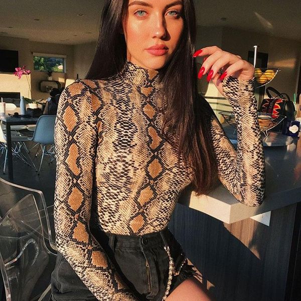 Snakeskin Impresso Turtleneck magro Bodysuits Mulheres 2018 Outono Inverno manga comprida Bodycon Abra Crotch Sheer Bodysuit