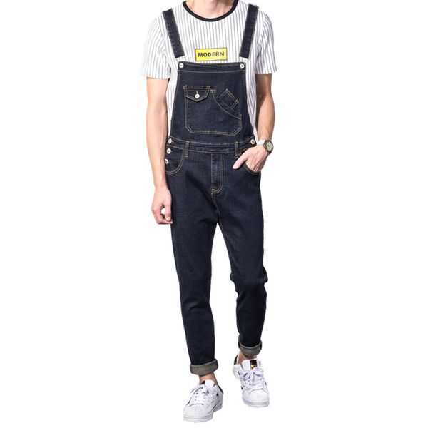 

autumn new men's casual slim pocket denim bib overalls male suspenders jumpsuits plus size dark blue jeans for big and tall