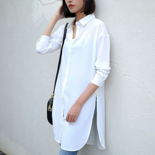 

женщины блузка женская топы большой s 4xl размер шифоновая блузка женщины boyfriend стиль split хем сыпучие воротник топы женщины повседневн, White