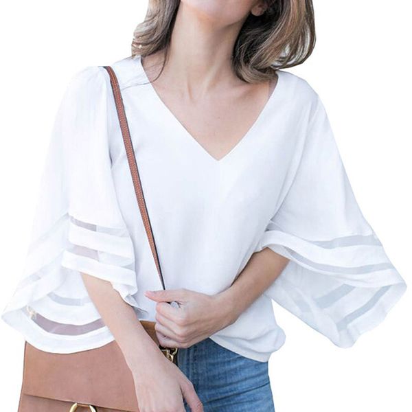 

Summer Women Puff Sleeve White Blouse Sexy V Neck Office Lady Shirt Elegant Patchwork Mesh Tops Formal Clothing