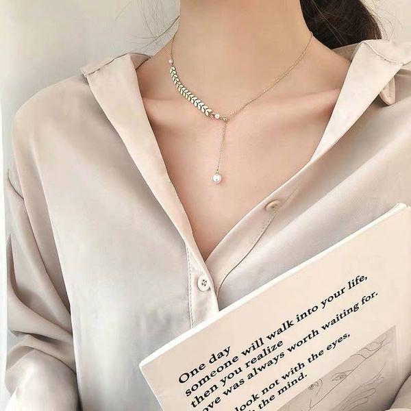 

ожерелье пшеница pearl длинного кулона женщины чистая красное все матч простой ключицы цепь чистого красного свитер цепь 2020 новый стиль, Silver