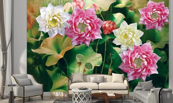 

custom wallpaper 3d stereoscopic lotus embroidery screen 3d embossed painting modern abstract art wall mural living room bedroom wallpaper