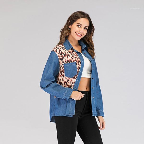 

leopard printed womens coat with pocket casual loose long sleeve female new arrival womens denim jackets, Black;brown