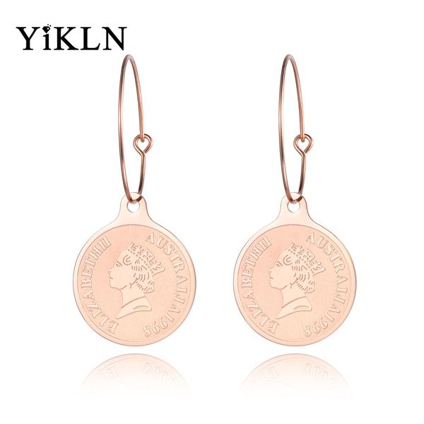 

yikln trendy queen elizabeth head portrait hoop earrings for women girl rose gold stainless steel ear jewelry oorbellen ye19009, Golden;silver