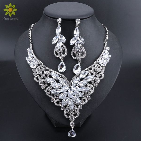 

fashion crystal bridal jewelry sets for bride necklace earrings wedding party costume jewellery set accessories decoration women, Slivery;golden