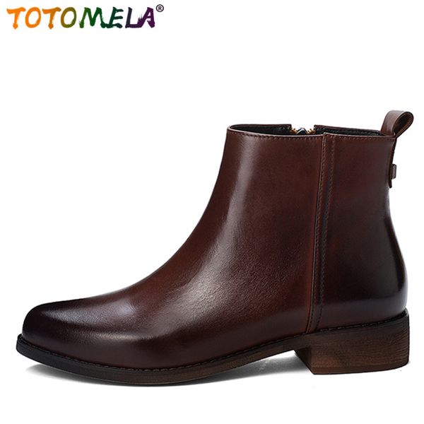 

totomela large size 34-43 genuine leather boots women square heel cowgirl zipper autumn boots female vintage ankle, Black