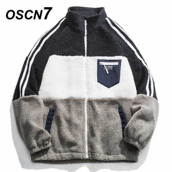 

oscn7 hip hop fleece stand contrast color jackets men 2019 winter new japanese streetwear loose casual women jackets coat h9614, Black;brown