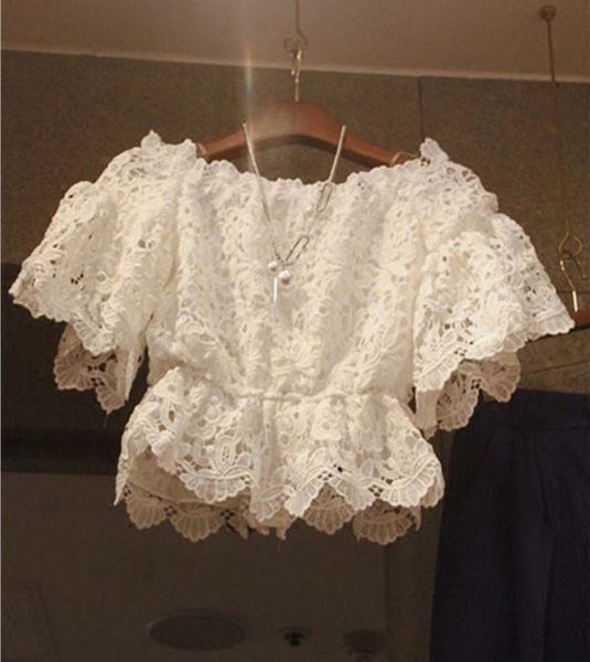 

summer 2019 sweet crochet hollow-out off shoulder lace shirt fashion short women girls short sleeve white blouses