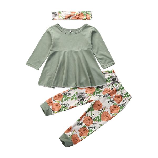 

kids baby girl clothes set toddler infant fall long sleeve green t-shirt floral pants headband flower clothing outfit 3pcs, White