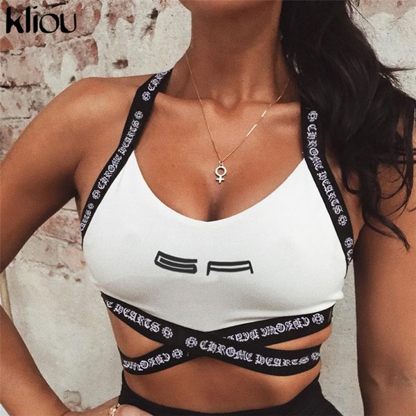 

kliou 2018 новых женщины выдалбливают письмо печати ремень спортивного бюстгальтер майка белых без бретелек назад сексуальных перекрещивающе, White