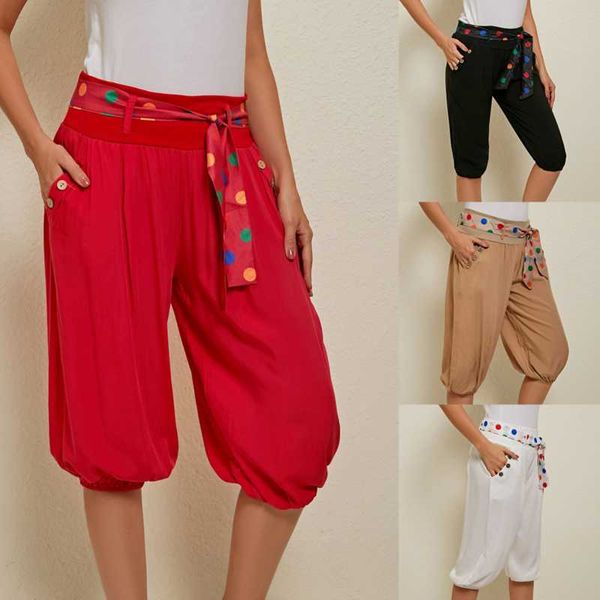 

women high waist drawstring yoga pant side pocket popular beam foot pants training knee pants sport fitness pant, White;red