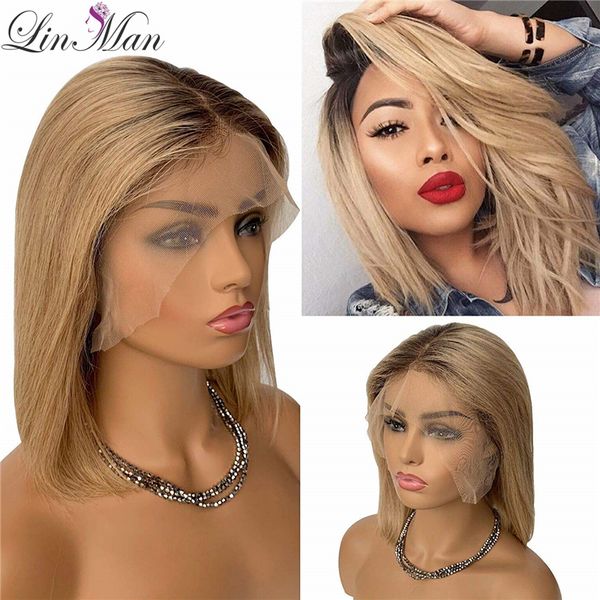 

lin man short bob strawberry blonde lace front wig human hair 8 inches ombre wig middle part glueless dark roots pre plucked, Black;brown