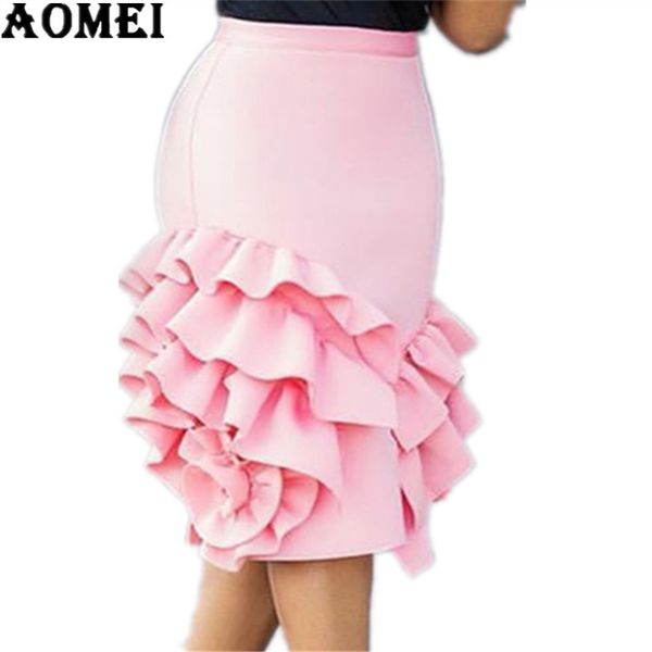 

women pencil skirt pink ruffle high waist slim female package hip lolita jupes bodycon lady falads officewear elegant femme 2020, Black;gray