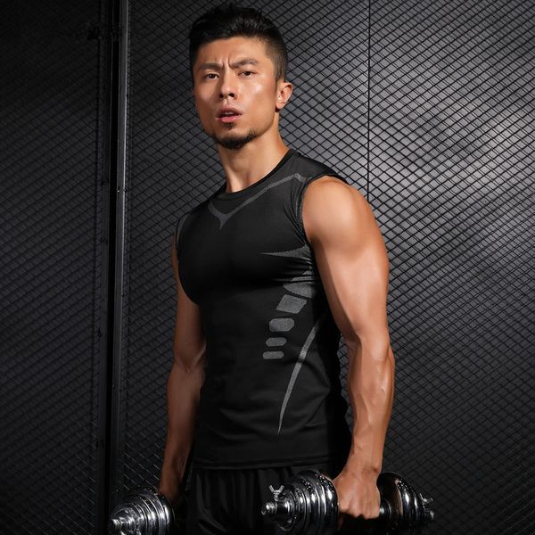 

quick dry men's running shirts compression tights gym tank fitness sleeveless t-shirts sport running vest, Black;blue