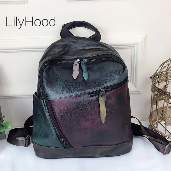 

high grade natural leather backpack women multi-zipper vintage dark color tone knapsack female brushed-off genuine leather bag