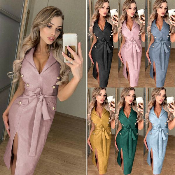 

new style women dresses summer women's sleeveless bodycon v-neck party sundress skinny split turn-down collar button 2019, Black;gray