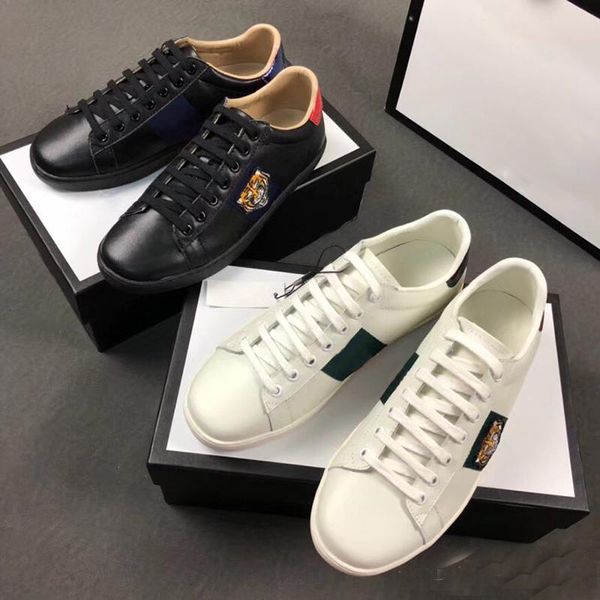 

30 styles genuine leather flats designer sneakers men women classic casual shoes python tiger bee flower embroidered cock love sneakers, Black