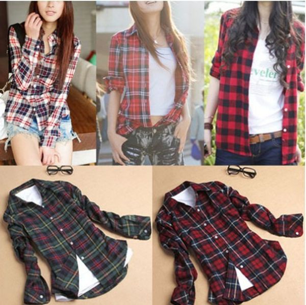 

новая мода женская верхняя одежда повседневная блуза отложным воротником с длинным рукавом пледы печати шаблон фланелевую рубашку, White