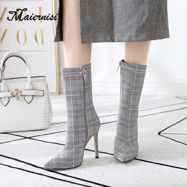 

maiernisi spring fashion women boots pointed toe elastic ankle boots thin heel high heels shoes autumn woman female socks boot, Black