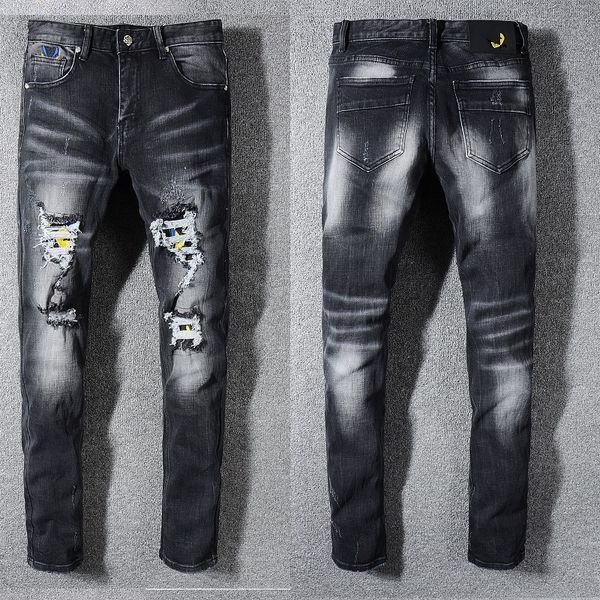 

new italy style #3316# men's art patches pants washed skinny denim blackjeans slim trousers size 28-40, Blue
