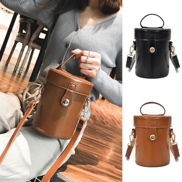 

women retro pure color leather bucket bag crossbody bag barrel shape messenger shoulder pack black brown handbag for girl /e