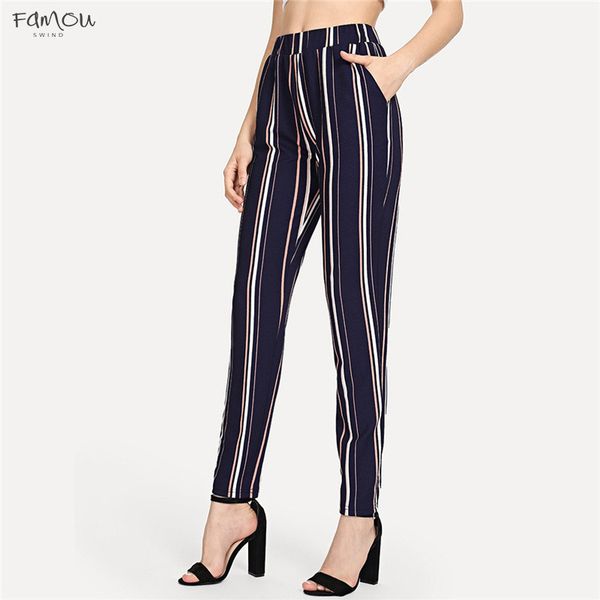 

Blue Minimalist Workwear Lady Elastic Waist Pinstripe Cigarette Highstreet Autumn Pants Women Office Casual Trousers Drop Shipping