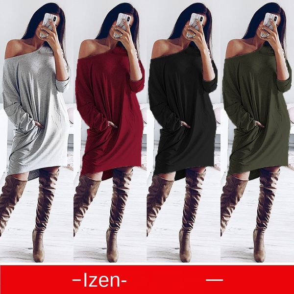 

женские дизайнерские платья с длинным рукавом свободные плеча карман платье 5380, Black;gray