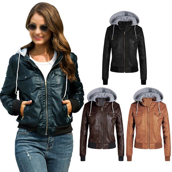 

women's down jacket fashion handsome pu leather jacket hooded detachable pu plus size coat locomotive zipper cardigan coat, Black