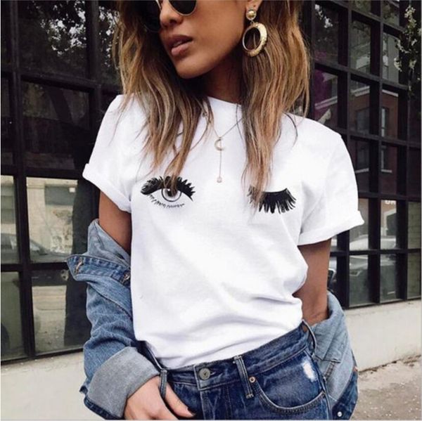 

застенчивый лица глаза печать tshirt женщины лето harajuku с коротким рукавом белого футболки женщины повседневная топы, White