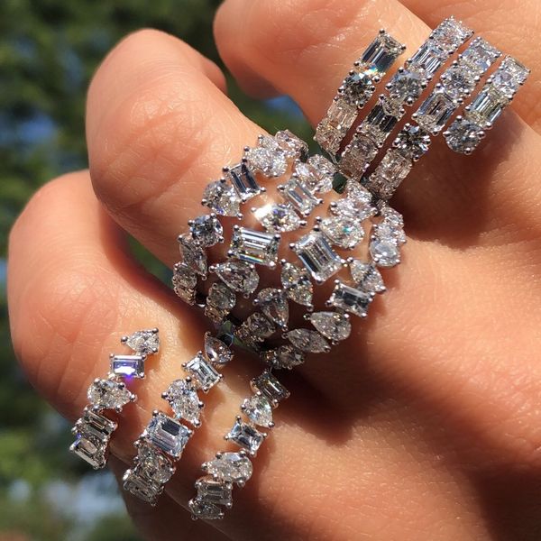 

silver white cz cubic zirconia sparking bling women jewelry triple wrap iced out bling full finger ring for women, Slivery;golden