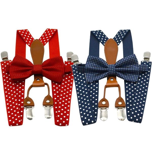 

polka dot bow tie suspenders for men women adjustable 4 clip alloy button navy red braces elastic bow tie leather bowtie, Black;white