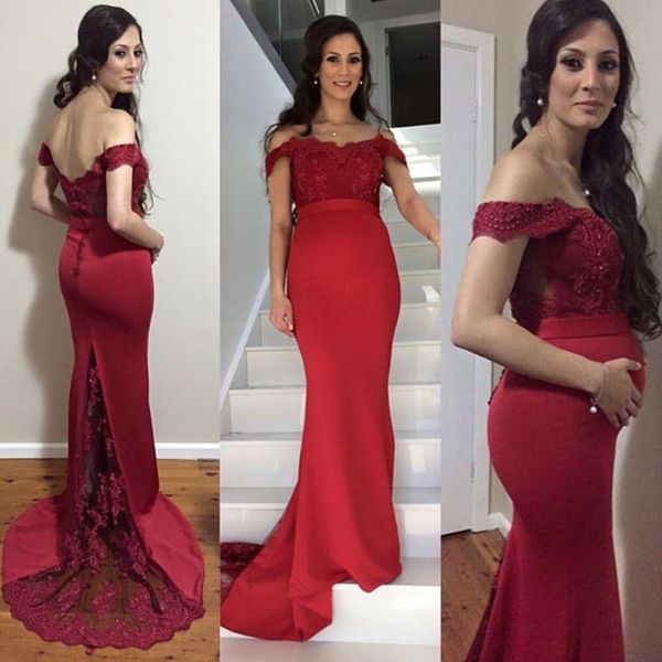 2019 New Sexy Grávida Vermelho Escuro Vestidos de Noite Sereia Cap Manga Evening Vestidos Fora Do Ombro Baixo Nua de Volta Vestidos de Baile Rendas cetim