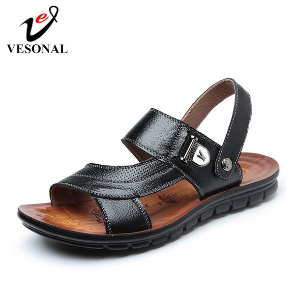 

vesonal 2019 summer shoes men sandals for male genuine leather casual mature new classic walking beach sandalias sandal 807, Black