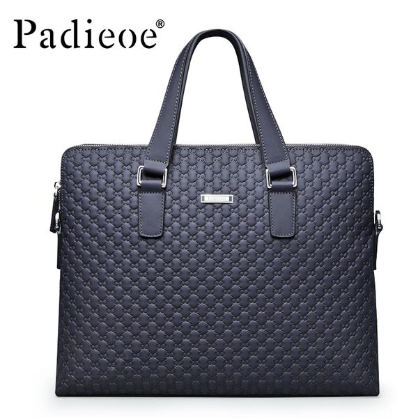 

padieoe men leather briefcase 14 inch lapbag business bags blue plaid handbag high quality