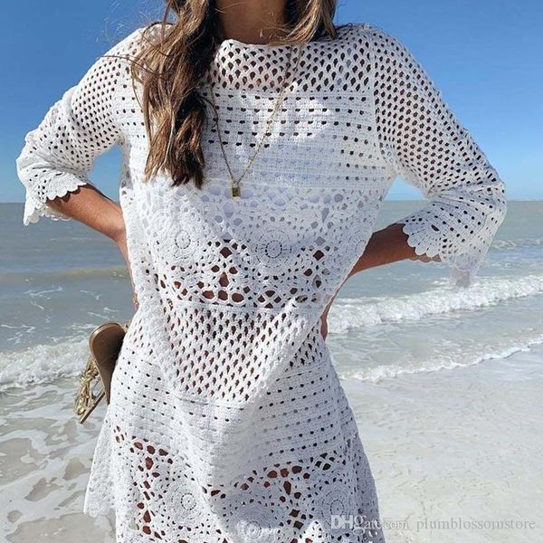 

2020 women bikini beach swimsuit cover ups lace crochet hollow out sunscreen dress beach wear swimwear bathing suit cover-ups blouses, White;black