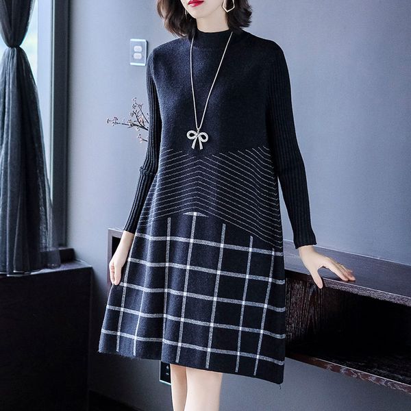 

2019 new women dress plaid knitting upset wealthy woman in long over-the-knee sweater dresses 5772, Black;gray