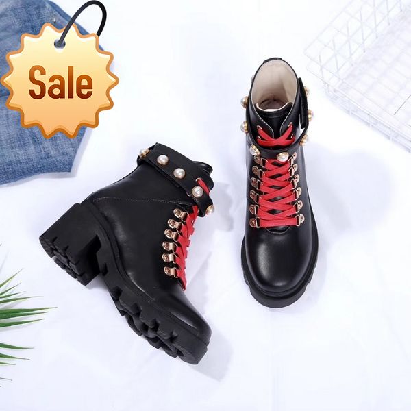 luxury boot martin calfskin leather spikes rivet women lace up ankle bottes booties au-dessus bottines snow designer boots, Black