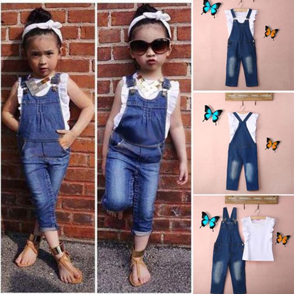 

vest + jeans girl summer clothes set dungarees vest white overalls denim sleeveless outfits children clothes fall