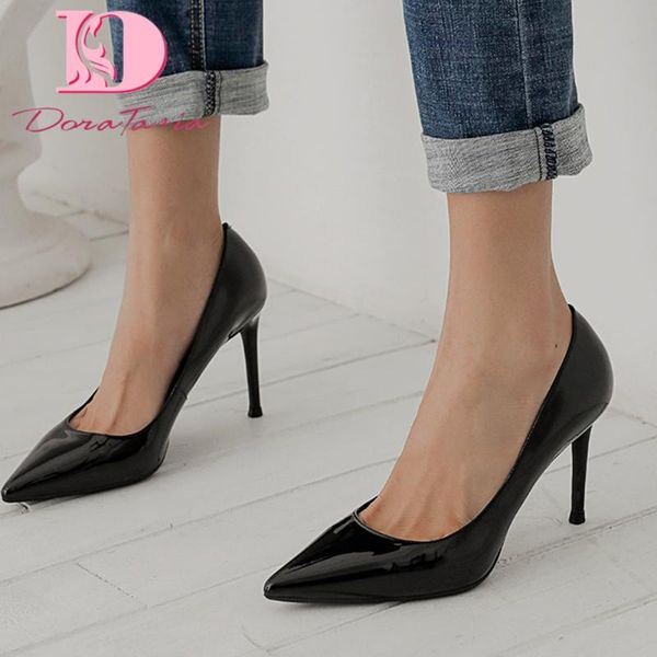 

патентный doratasia новая мода кожа thin high heels обувь женщина насосы женский остроконечные toe слип-on управление леди насосы женщины, Black