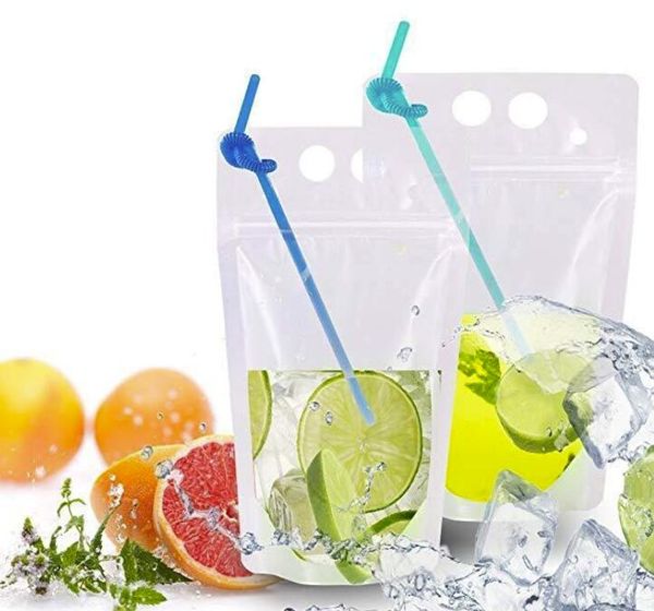

us stock 500pcs clear drink pouches bags zipper stand-up plastic drinking bag with straw with holder reclosable heat-proof juice coffee
