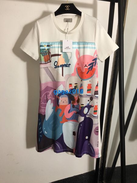 

high end женщины девушки короткая рубашка платье круглый вырез лоскутное шелковое мультфильм письмо печати с коротким рукавом трапеция юбка, Black