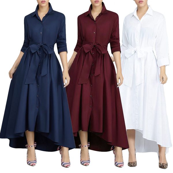 

spot 2019 european solid color fashion temperament street long-sleeved casual big swing button dress, support mixed batch, Black;gray