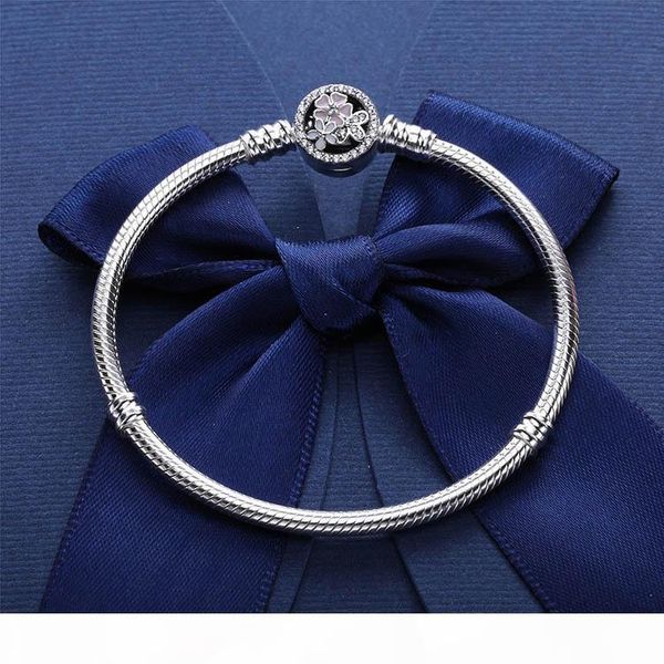 

real silver snake chain bracelet with box fit pandora charms poetic blooms mixed enamels & clear cz bangle european beads jewelry, Golden;silver