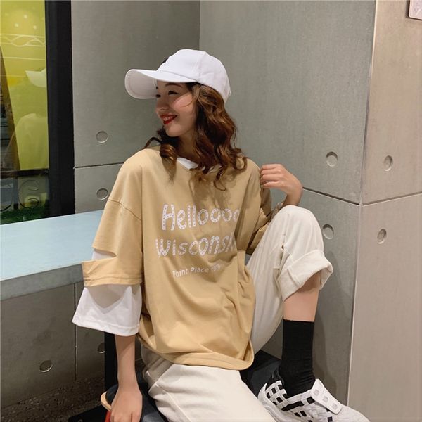 

2020 three-quarter t-shirt nv xia zhuang short-sleeve mock two piece contrast colored ripped panel short sleeve t-shirt women's, White