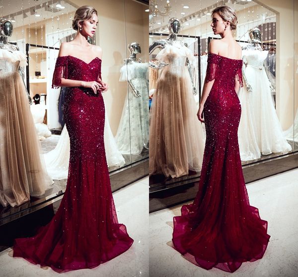 

burgundy off shoulders mermaid prom dresses tassel short sleeves crystals beaded formal evening gowns major beading pageant wear cps1180, Black