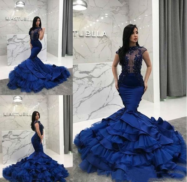 

New Mermaid Prom Dresses 2019 Formal Evening Gowns Lace Applique Tiered Ruffles Beaded Vestidos De Fiesta Formal Party Dress